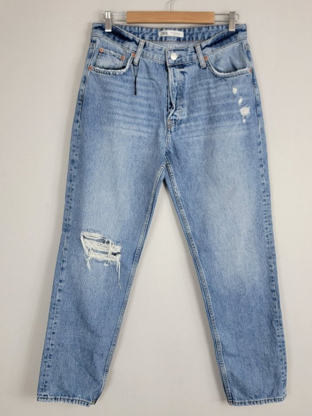 Zara Jeans Womens 32 Blue Denim Button Fly Light Wash Distressed Pockets Hi Rise